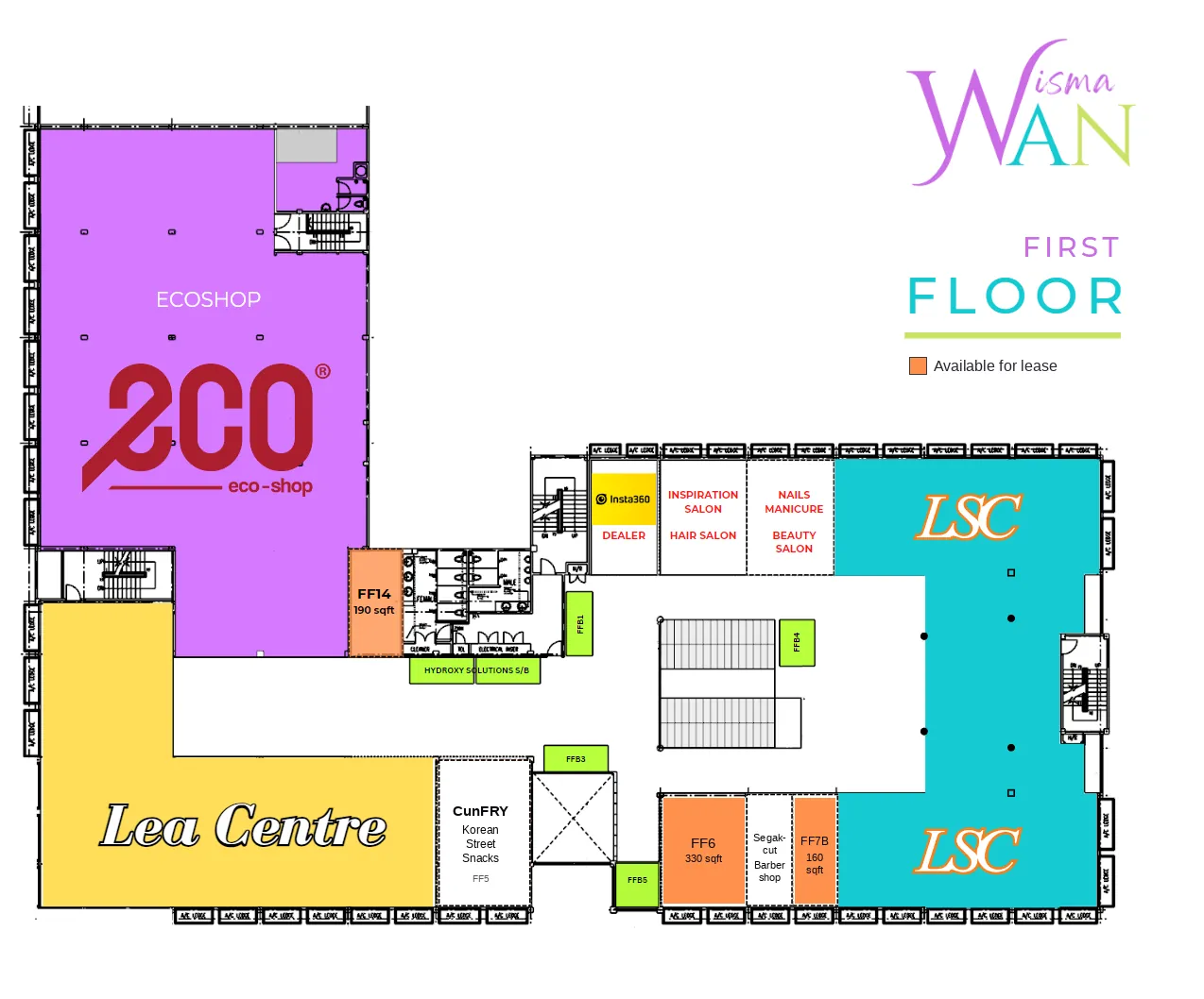 First floor plan: ECOSHOP, Lea Centre, LSC Premium Outlet, CunFRY Korean Street Snacks at FF5, Segakcut Barbershop, and units FF6 and FF7B available for lease