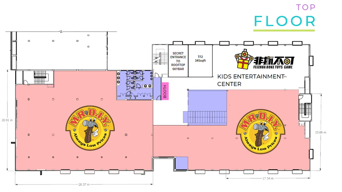 Top floor plan: MR. DIY and the kids' play area